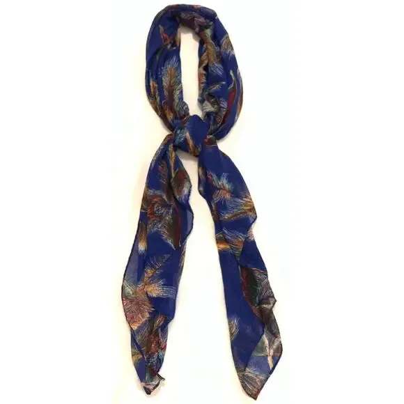 Unbranded Womens Scarf Large Rectangular Royal Blue and Peacock Feathers Lovely - Picture 2 of 12